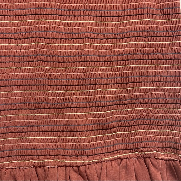 Storia Embroidered Striped Chai Smocked Ruffle Bottom Tie Sleeves Mini Dress S - Picture 8 of 16